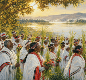 Irreecha Floral Lake Blessing | Oromo Thanksgiving Fine Art Canvas Print