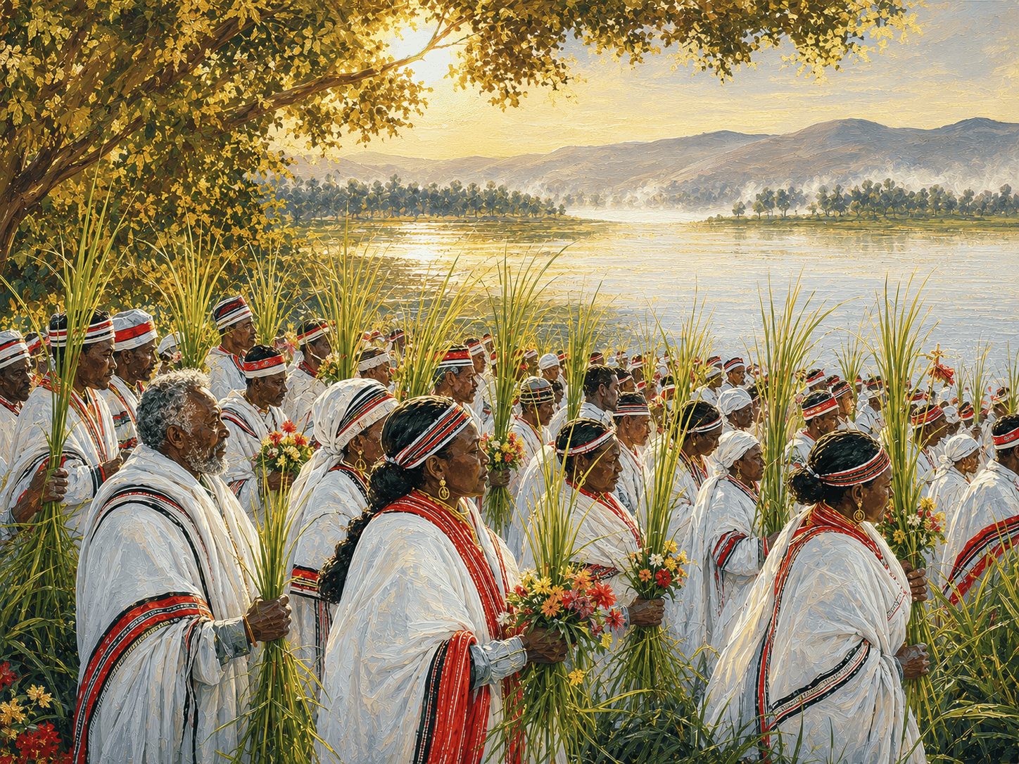 Irreecha Floral Lake Blessing | Oromo Thanksgiving Fine Art Canvas Print