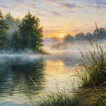 Misty Sunrise Lake Canvas Wall Art | Serene Nature Landscape Painting