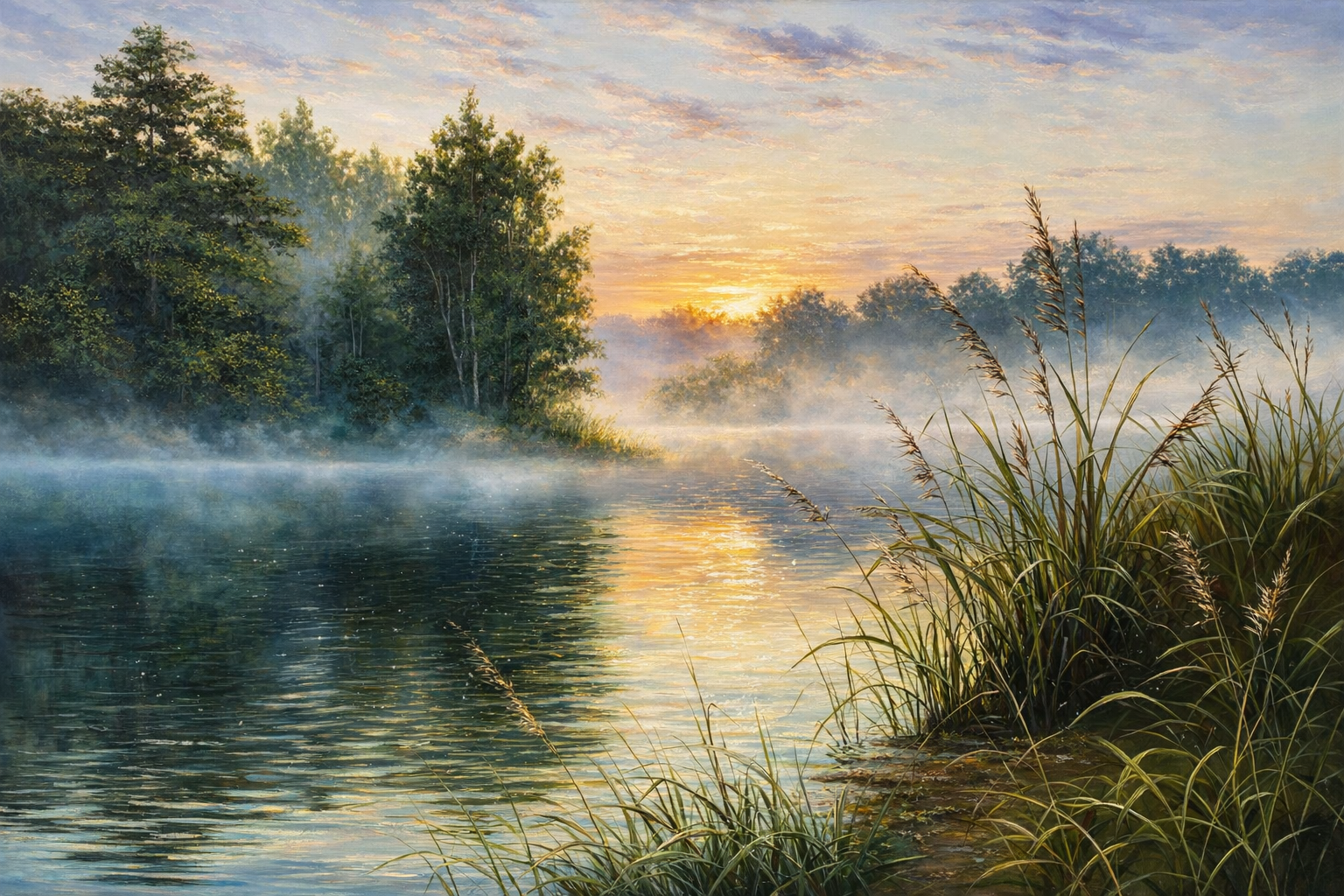 Misty Sunrise Lake Canvas Wall Art | Serene Nature Landscape Painting