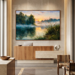 Misty Sunrise Lake Canvas Wall Art | Serene Nature Landscape Painting