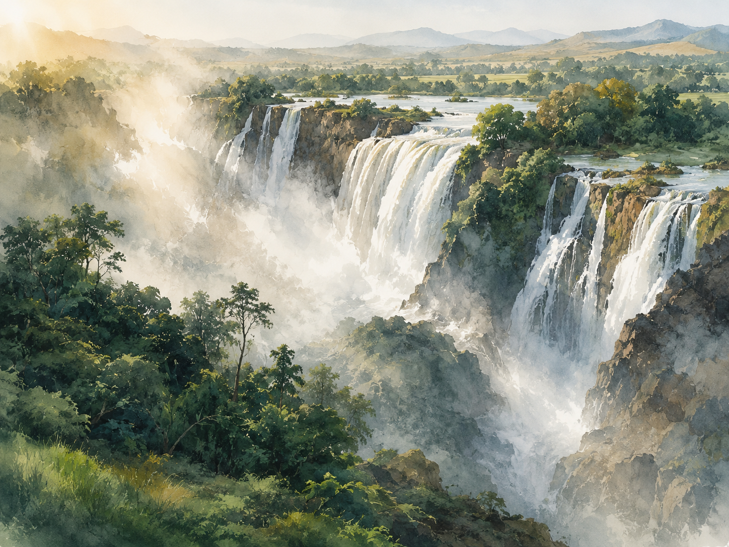 Blue Nile Falls (Abay) Watercolor Print – Calming Luxury Landscape Art